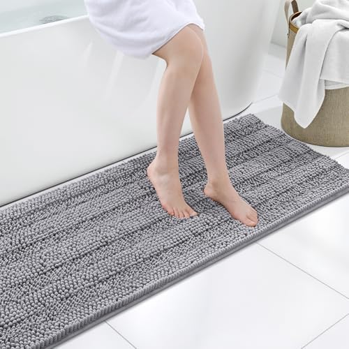 Grandaily Chenille Striped Bathroom Rugs 59x20, Extra Thick and Soft Absorbent Bath Mats, Rubber Backing, Plush Shaggy Shower Carpet, Machine Wash Dry, Bath Rug for Bathroom, Grey