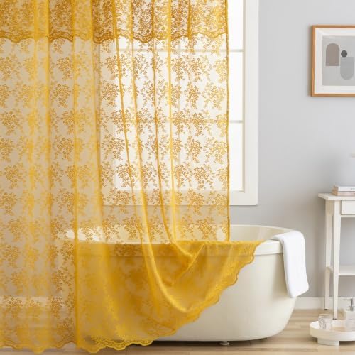 TUDECO Lace Mustard Yellow Shower Curtain with Valance, 72x72 Inch, 1 Panel