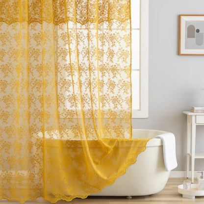 TUDECO Lace Mustard Yellow Shower Curtain with Valance, 72x72 Inch, 1 Panel