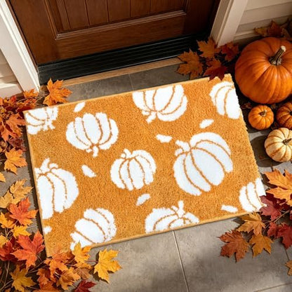 APROPHIC Fall Pumpkin Bath Mats for Bathroom, Thanksgving Super Absorbent Non-Slip Microfiber Shaggy Bath Rugs, Autumn Bathroom Mat for Shower, Tub, Sink, Decor, Machine Washable, 20x30 in, Orange1