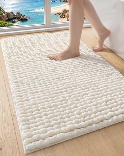 DEXI Bathroom Rugs 43x24, Non Slip Washable Chinelle Bath Mat, Cream