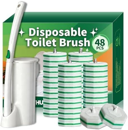 Disposable Toilet Brush, Toilet Bowl Cleaning System with 48 Count Wand Refills, Clean Brush Starter Kit with 1 Wand, 1 Storage Caddy and 1 wall Sticker (White)