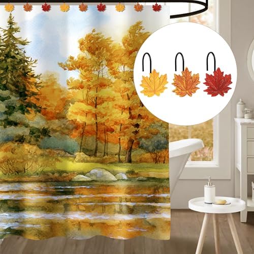 Sunlit Maple Leaf Shower Curtain Hooks for Fall Autumn, Home Decorative Shower Curtain Rings with Black Hooks for Bathroom, Resin, Orange Red Shower Curtain Hangers Bath Accessories, Set of 12