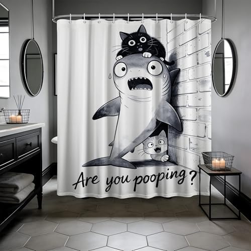 Black Cat Riding Shark Shower Curtain Cool Teen, 60x72 Inchs