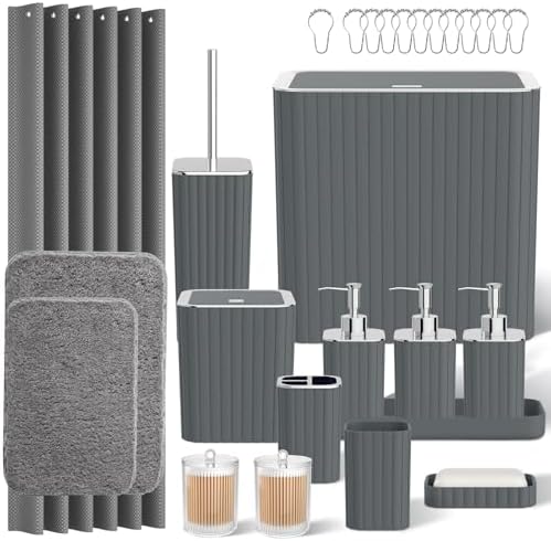 Bathroom Accessory Set - Bathroom Set, 27PC Bathroom Accessories Set, Grey Bathroom Sets with Shower Curtain and Rugs, Mini Trash Can, Toilet Brush, Trash Can & Soap Dispenser