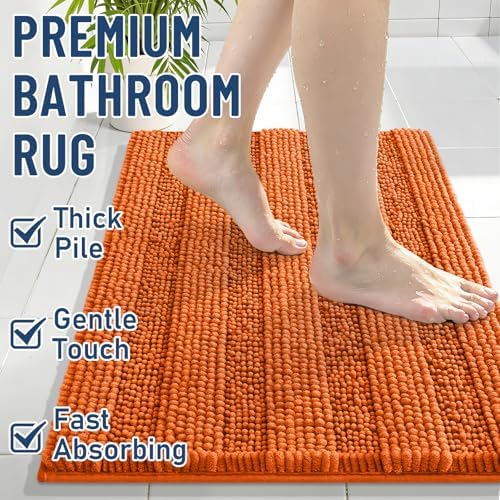 Grandaily Chenille Striped Bathroom Rugs 30x20, Extra Thick and Soft Absorbent Bath Mats, Rubber Backing, Plush Shaggy Shower Carpet, Machine Wash Dry, Bath Rug for Bathroom, Clay