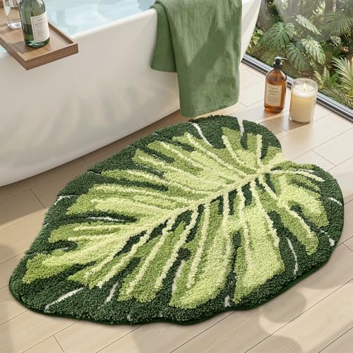 DEXI Cute Bath Mat, Green Leaf Monstera Bathroom Rugs 31.5x23.5