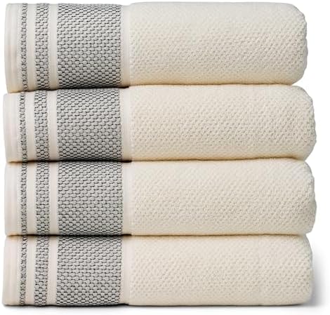 Texere 100% Organic Cotton Rice Weave Jacquard 700 GSM Luxury Bath Towel Set - 4 Large Bath Towels (Rice Weave, Cream w/Blk, 4 Bath Towels)