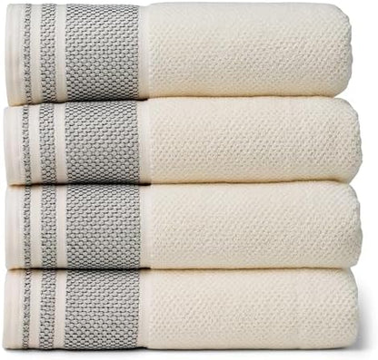 Texere 100% Organic Cotton Rice Weave Jacquard 700 GSM Luxury Bath Towel Set - 4 Large Bath Towels (Rice Weave, Cream w/Blk, 4 Bath Towels)