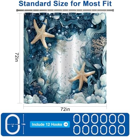 Deep Blue Bathroom Shower Curtain with 12 Hooks, Underwater Starfish Ocean Shower Curtain with Metal Grommets & Weighted Hem, Machine Washable Waterproof Shower Curtains for Bathroom, 72x72 Inches