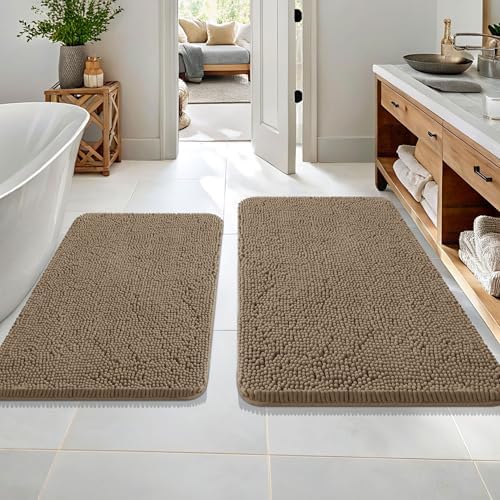 OLANLY Chenille Bathroom Rugs Mats Sets 2 Piece, 36"x24"+30"x20", Tan
