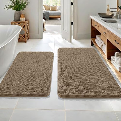 OLANLY Chenille Bathroom Rugs Mats Sets 2 Piece, 36"x24"+30"x20", Tan