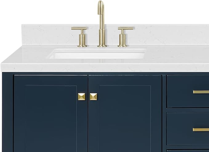 ARIEL Cambridge 72-inch Bathroom Vanity with Sink,Solid Wood, 1.5-inch Carrara White Quartz Countertop, Double Rectangular Porcelain Sink, 4 Soft Closing Doors, 6 Dovetail Drawers, Midnight Blue
