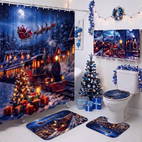 FuWeave 8 Pcs Christmas Shower Curtain Set for Bathroom Decor Include Vintage Santa Train Reindeer Towels Christmas Non Slip Snow Village Rugs Toilet Lid Cover Winter Gift Bath Mat and 12 Hooks