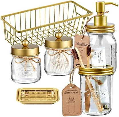 SheeChung Mason Jar Bathroom Accessories Set, 6Pcs Rustic Bathroom Set,Gold