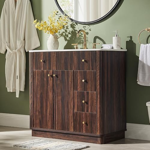 T4TREAM 72" Fluted Bathroom Vanity with 2 Single Sinks, Dark Walnut