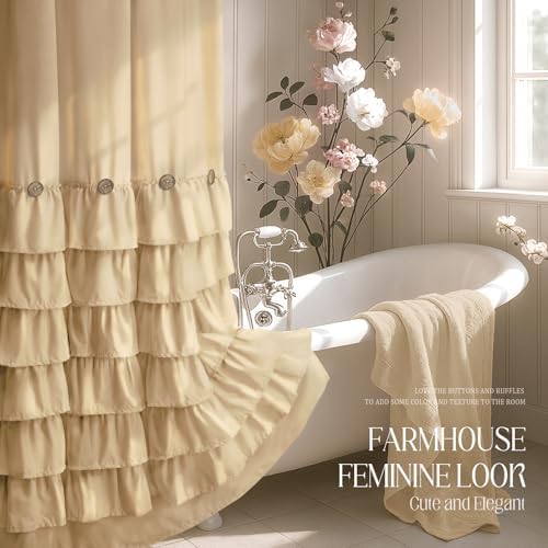 Ruffle Farmhouse Shower Curtain, Beige Vintage Shower Curtains for Bathroom Fabric Cute Rustic Cloth, 72" W X 78" L Inch