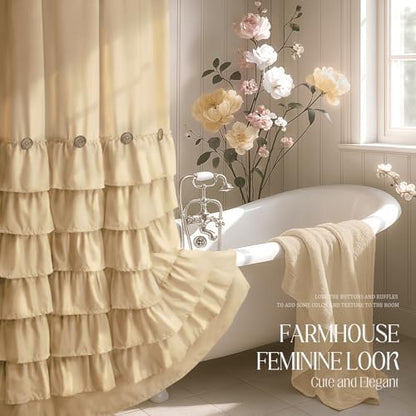 Ruffle Farmhouse Shower Curtain, Beige Vintage Shower Curtains for Bathroom Fabric Cute Rustic Cloth, 72" W X 78" L Inch
