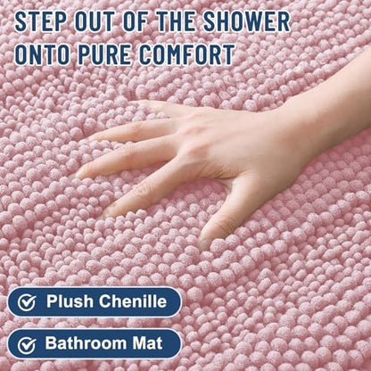Grandaily Chenille Striped Bathroom Rugs 24x16, Extra Thick and Soft Absorbent Bath Mats, Rubber Backing, Plush Shaggy Shower Carpet, Machine Wash Dry, Bath Rug for Bathroom, Dusty Rose