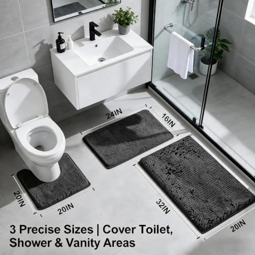 Bathroom Rugs Set Non Slip 3 Piece Bath Mat Washable Chenille Bath Rugs with PVC Backing Bath Carpet,Absorbent Bathroom Mats with Toilet Rug,Bath Mats for Bathroom,Bedroom, Kitchen,Tub,Home Decor