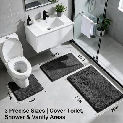 Bathroom Rugs Set Non Slip 3 Piece Bath Mat Washable Chenille Bath Rugs with PVC Backing Bath Carpet,Absorbent Bathroom Mats with Toilet Rug,Bath Mats for Bathroom,Bedroom, Kitchen,Tub,Home Decor