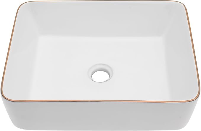 Bathroom Vessel Sink 19'' x 15'' White Rectangular Ceramic Sink with Gold Rim Above Counter Vanity Sink for Modern Bathroom