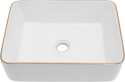 Bathroom Vessel Sink 19'' x 15'' White Rectangular Ceramic Sink with Gold Rim Above Counter Vanity Sink for Modern Bathroom