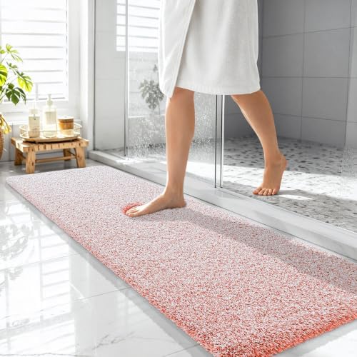 OLANLY Microfiber Bathroom Rugs 59x20, Quick Dry Bath Mat, Coral and White
