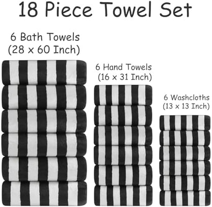 18 Pcs Black White Cabana Stripe Bath Towel Set with Hanging Loop-6 Bath Towels,6 Hand Towels,6 Washcloths Family Towels Set Bathroom Towel Highly Absorbent Quick Dry Shower Towel for Beach Spa Gym