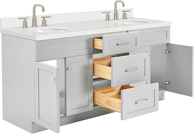 ARIEL Hamlet 72-inch Bathroom Vanity with Sink,Solid Wood, 1.5-inch Pure White Quartz Countertop & Backsplash, Double Oval Porcelain Sink, 4 Soft Closing Doors, 3 Dovetail Drawers, Grey
