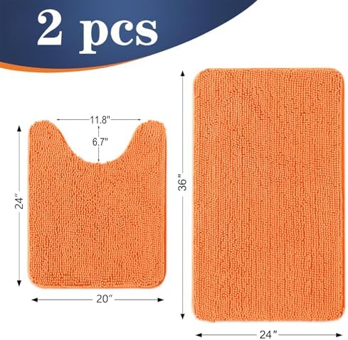 OLANLY Chenille Bathroom Rugs Mats Sets 2 Piece, 36"x24"+24"x20", Orange