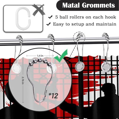 Japanese Shower Curtain Japan Anime Asian Black and Red Shower Curtains for Mens Bathroom Decor Sets, Waterproof Cloth Fabric with Hooks, 48 x 72 Inch