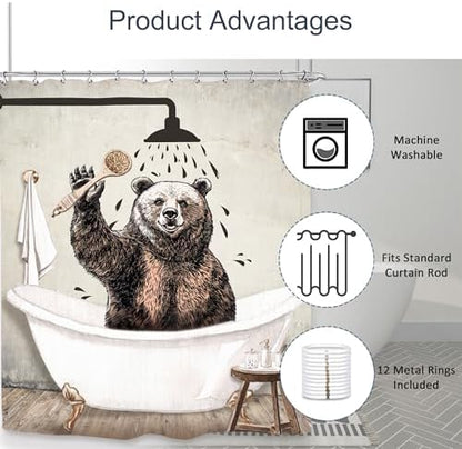 Funny Bear Shower Curtain 60Wx72L Inch Farmhouse Rustic Vintage Wild Cute Animal Kids Antique Bathroom Set Accessories Decor with 12 Pack Hooks