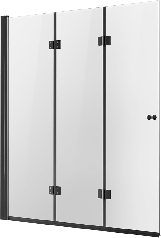 VEVOR Bathtub Shower Door, 51" W x 56" H, Frameless Foldable Hinged Shower Door, Tri-Fold Shower Glass Door with 1/4 in Tempered Glass Door, 180°Rotating and Folding Design, for Bathtub, Black