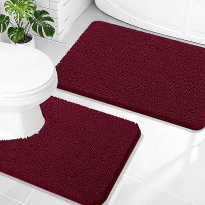 OLANLY Chenille Bathroom Rugs Mats Sets 2 Piece, 30"x20"+24"x20", Burgundy