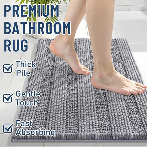 Grandaily Chenille Striped Bathroom Rugs 24x20, Extra Thick and Soft Absorbent Bath Mats, Rubber Backing, Plush Shaggy Shower Carpet, Machine Wash Dry, Bath Rug for Bathroom, Grey