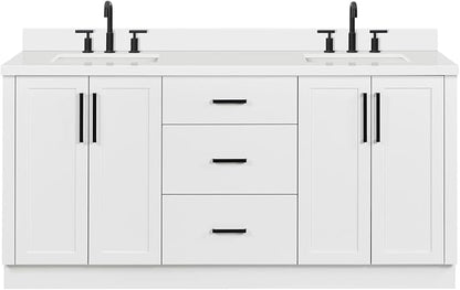 ARIEL Loren 72-inch Bathroom Vanity with Sink,Solid Wood, 1.5-inch Pure White Quartz Countertop, Double Rectangular Porcelain Sink, 4 Soft Closing Doors, 3 Dovetail Drawers, White