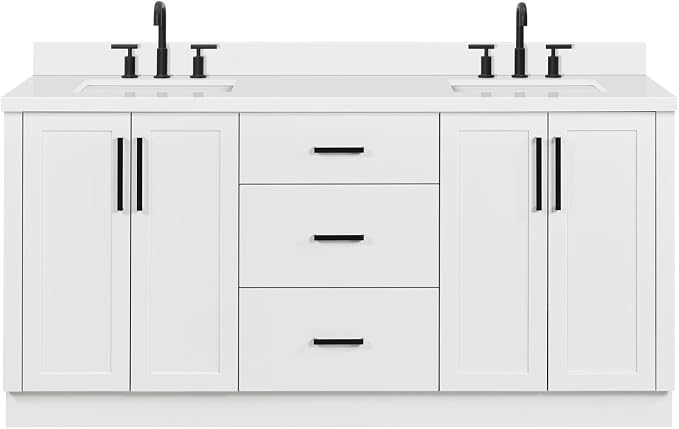 ARIEL Loren 72-inch Bathroom Vanity with Sink,Solid Wood, 1.5-inch Pure White Quartz Countertop, Double Rectangular Porcelain Sink, 4 Soft Closing Doors, 3 Dovetail Drawers, White