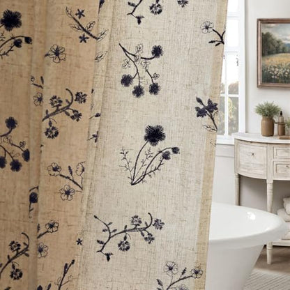 Black Floral Vintage Linen Shower Curtain Embroidered Textured 72Wx72H