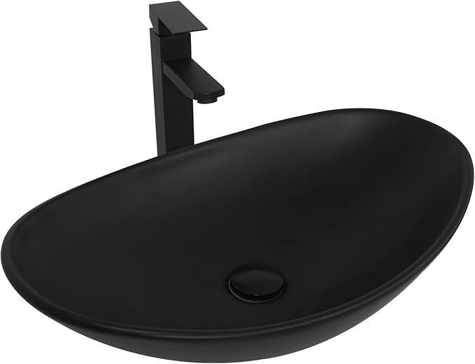 Ceramic Bathroom Sink, Black Boat Shape Above Counter Porcelain Vessel Sink with Black Faucet and Pop up drain Set