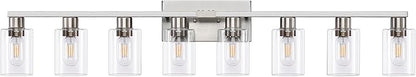 8 Light Bathroom Vanity Light Brushed Nickel Bathroom Light Fixtures 8-Light Vanity Lights for Bathrrom Lights Fixtures Over Mirror Large Wall Sconce with Clear Glass Shade
