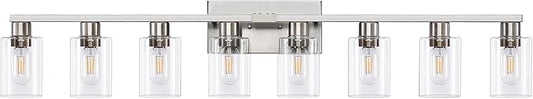 8 Light Bathroom Vanity Light Brushed Nickel Bathroom Light Fixtures 8-Light Vanity Lights for Bathrrom Lights Fixtures Over Mirror Large Wall Sconce with Clear Glass Shade