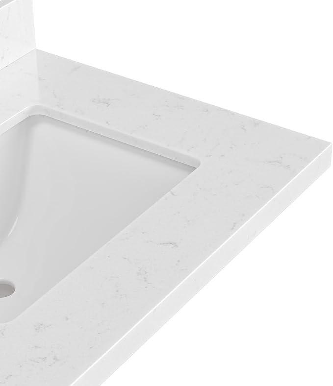 ARIEL 42 inch Bathroom Vanity top with Sink, 1.5 Inch Thick Miter Edge Carrara White Quartz top, Right Offset Vanity top with Rectangle Porcelain Sink, Includes Backsplash