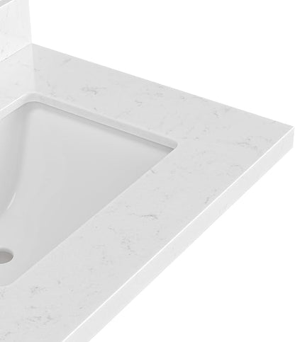 ARIEL 42 inch Bathroom Vanity top with Sink, 1.5 Inch Thick Miter Edge Carrara White Quartz top, Right Offset Vanity top with Rectangle Porcelain Sink, Includes Backsplash