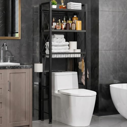 Kalrin Over The Toilet Storage with X Shape Side Guardrail, 3-Tier Over Toilet Storage Rack with Drain Basket, Freestanding Bathroom Organizer for Balcony Laundry, Oak Grey