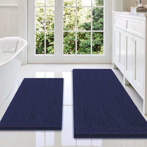 Smiry Chenille Bathroom Rugs Sets 2 Piece (47x20+30x20, Navy Blue)