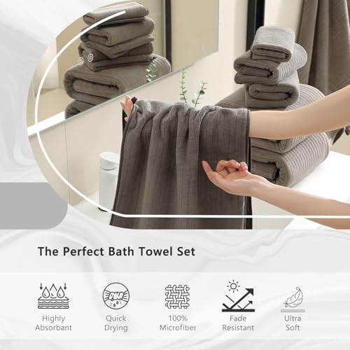 18 Piece Bath Towels Set,Super Soft Family Bathroom Towel Set with Hanging Loops-6 Bath Towels,6 Hand Towels,6 Washcloths,Highly Absorbent Quick Dry Shower Towel for Bathroom,Hotel,Spa-Brown Towel Set