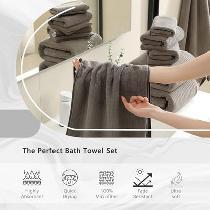 18 Piece Bath Towels Set,Super Soft Family Bathroom Towel Set with Hanging Loops-6 Bath Towels,6 Hand Towels,6 Washcloths,Highly Absorbent Quick Dry Shower Towel for Bathroom,Hotel,Spa-Brown Towel Set