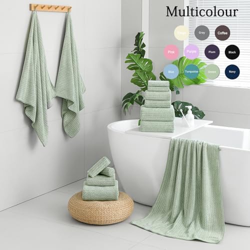 Ycosy 18 Piece Bath Towels Set,100% Microfiber Family Bathroom Towel with Hanging Loops-6 Bath Towels,6 Hand Towels,6 Washcloths,Quick Dry Highly Absorbent Shower Towel for Bathroom,Hotel,Spa-Green