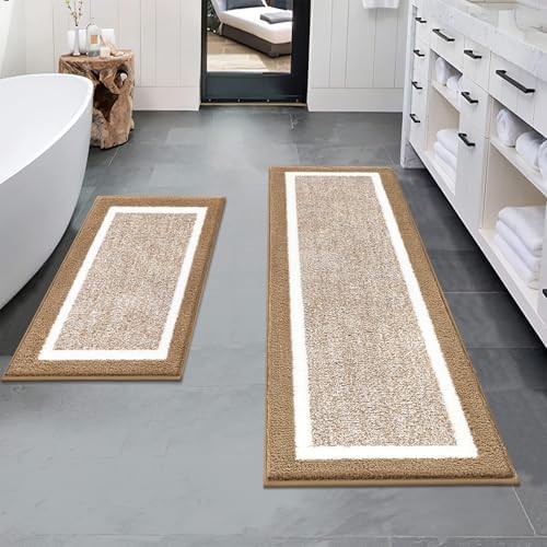 Pauwer Bathroom Rugs Sets 2 Piece, Non Slip Washable Bath Mat, Khaki